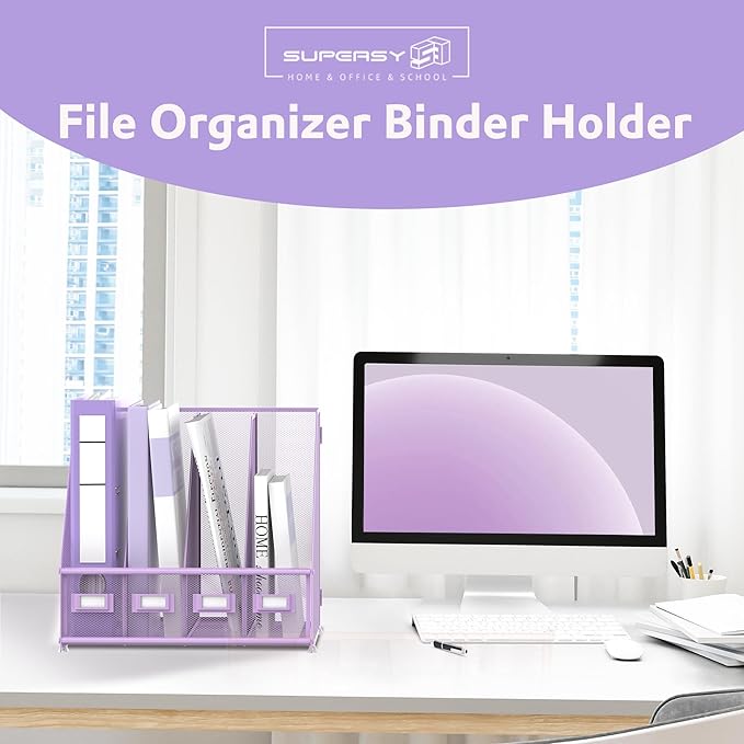 SUPEASY Magazine File Holder Desk Organizer, Metal Binder Holder with 4 Vertical Compartments for Office Home School, Purple