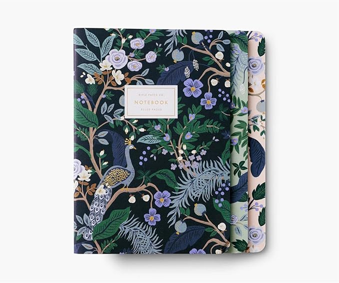 RIFLE PAPER CO. Peacock Stitched Notebook Set, Assorted Set Of 3 Colorful Notebooks, 64 Ruled Pages With Gold Ink, Full Color Canvas Cover With White Text Paper Interior (6" W × 8.5" L)