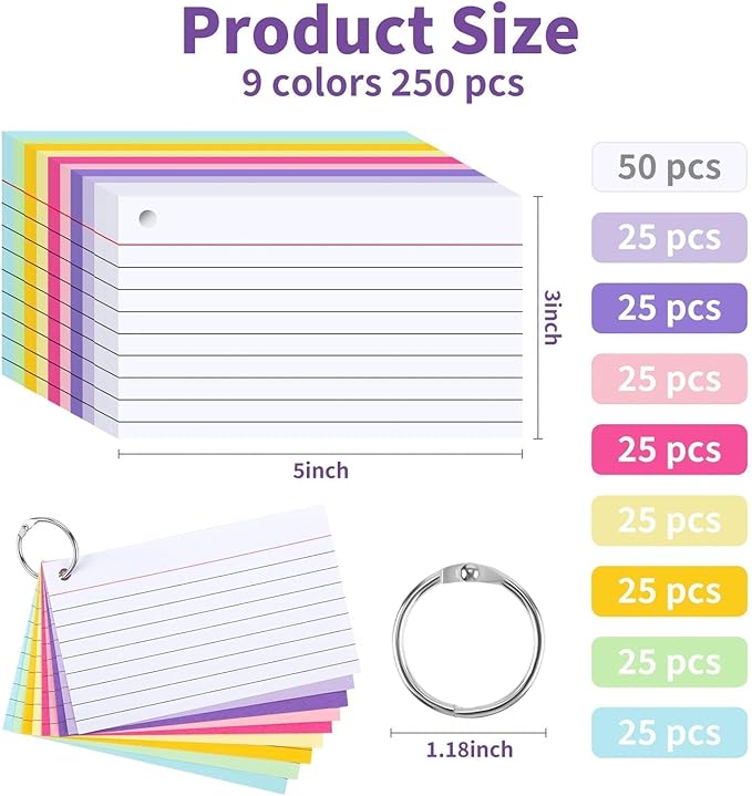 250 Count Colored Index Cards with Key Ring, 3 x 5 Inch Ruled Flash Cards 9 Color, 5 Packs of 50 Sheets Lined Study Note Cards for School&Office Supplies, Heavy Flashcards with Waterproof Cover