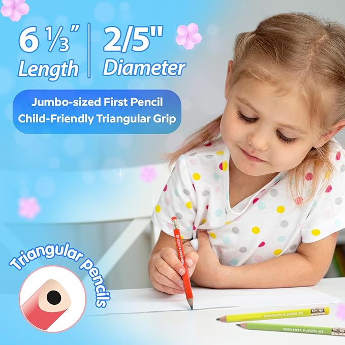 Jumbo HB Pre-sharpened Pencils #2 for Toddlers Preschoolers First Writing, Thick Triangular Grip Fat Pencils with Latex-Free Erasers, Break-Resistant, Back to School Supplies, 12 Count