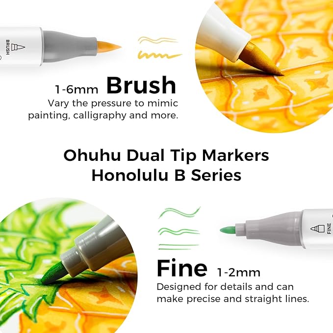 Ohuhu Alcohol Markers Brush and Fine Tip - 48-Color Alcohol-based Art Sketch Marker Set for Artist Adults Coloring Illustration - Brush and Fine Dual Tips- Honolulu B - Refillable - AP Certificated