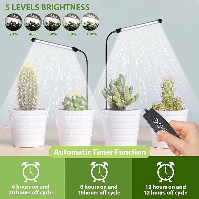 Grow Light for Indoor Plants Growing, 6000K Full Spectrum Gooseneck Plant Lamp for Seedings Succulents Small Plants, Auto On/Off Timing & 5 Dimming, 2-Pack
