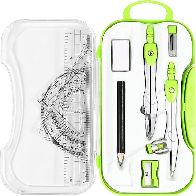 Vobou 10 Pieces Math Geometry Kit Set Student Supplies with Shatterproof Storage Box,Includes Rulers,Protractor,Compass,Eraser,Pencil Sharpener,Lead Refills,Pencil,for School and Drawings（Green）