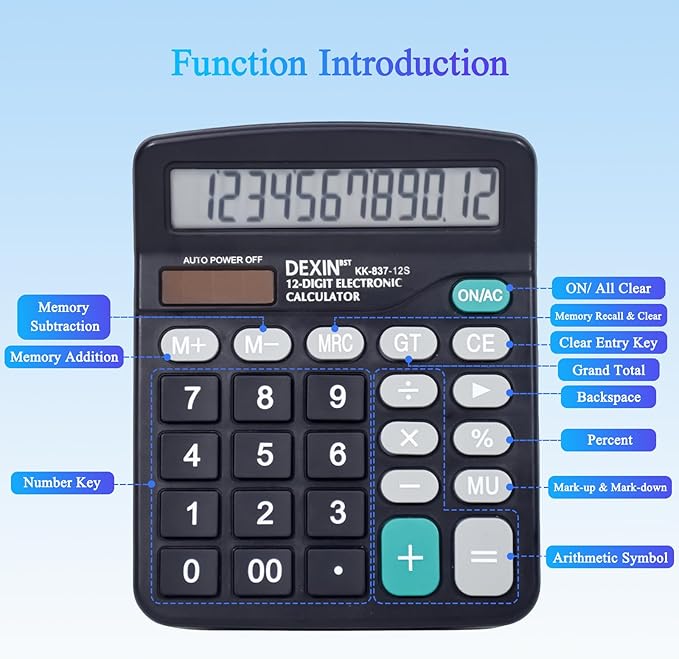 SAYEEC Desk Calculator, 12 Digit Desktop Calculator with Large LCD Display & Sensitive Button, Dual Solar Power & Battery, Standard Office Calculators Basic Function Calculators for Home School, Black