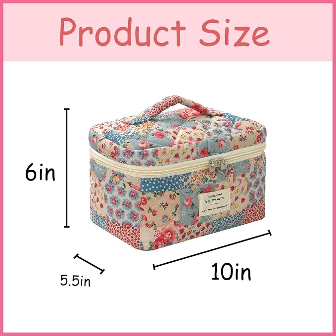 uekeboag Large Travel Quilted Makeup Bag for Women | Soft Floral Cotton Cosmetic Bag, Foldable Coquette Aesthetic Toiletry Organizer