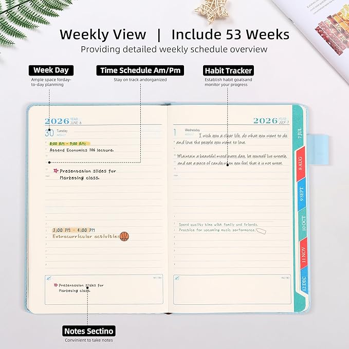 2026 Yearly Planner Magnetic Buckle Weekly and Monthly Calendar Planner 12 Month 5.5" x 8.3" Soft Leather Bound Cute Planner Goal Habit Tracker Organizer Planning Book with Tabs ,Daily Schedule School Office Schedule for Women Men（Blue ）