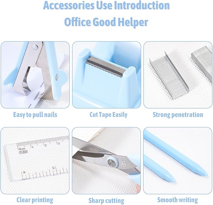 Gawsey Desk Organizers and Accessories Set with 360-Degree Rotating Pen Holder, Tape Dispenser, Stapler, Staple Remover, 1000 Staples, Tape, Clips Set, Ruler, Scissor, Pen (Blue)