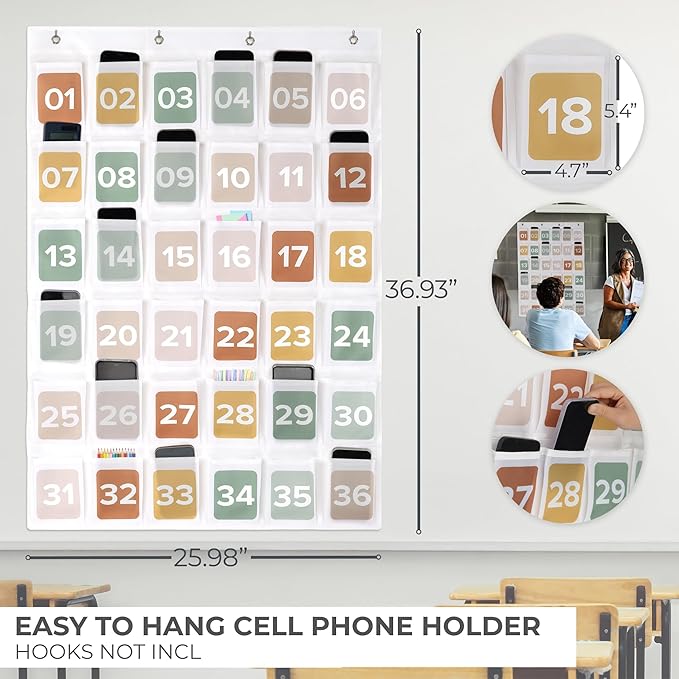 Premium Cell Phone Holder for Classroom - Durable Pocket Chart with 36 Numbered Slots & Hooks - The Perfect Hanging Chart for Phones, Calculators and Headphones Fits Nicely with Any School Decor