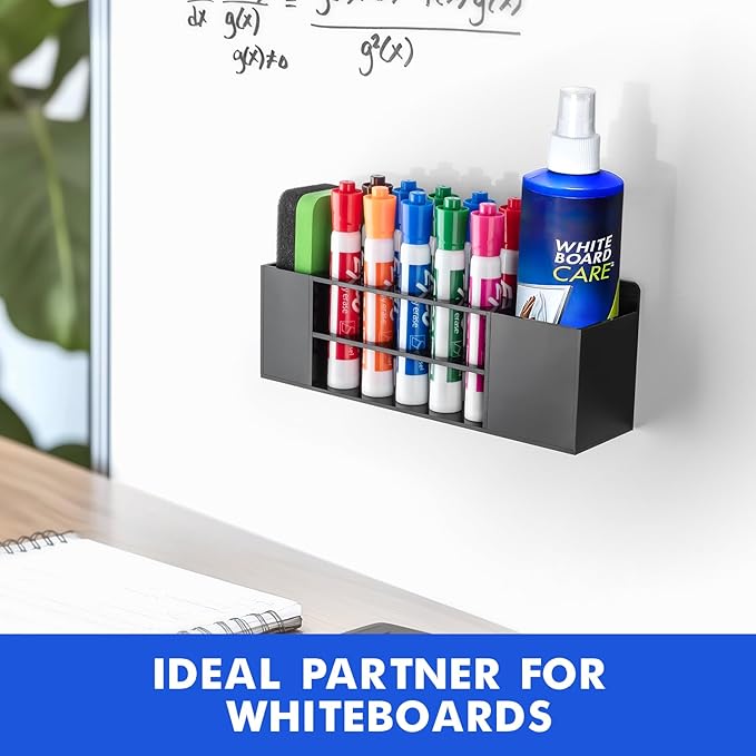 Magnetic Dry Erase Marker Holder for Whiteboard, Wall Mount Pen Holder for Refrigerator, Clear Pencil Holder for Fridge, Strong Magnet Locker Organizer for Classroom(Black)