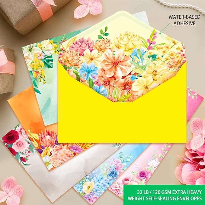 Anzon Mories 60 Pieces Cute Stationary Writing Paper and Envelope Set (2 Sides Colored, 1 Side Lined) 30 Sheets, 30 Pcs Envelopes, Kawaii Letter Stationery 8.5 x 11 In Floral Decoration Ruled