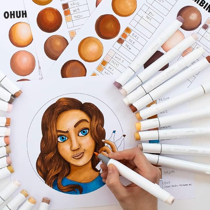 Ohuhu Skin Tone Alcohol Markers Brush Tip - 36 Portrait Skin Color Markers for Artist Adults Coloring Illustration - Chisel and Brush Dual Tips - Honolulu - Refillable - AP Certificated