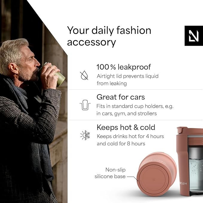 LARS NYSØM Thermo Coffee Mug to go 13oz | Travel Mug 0.38 Liter with Insulation | Silicone grip base | Leak Proof Stainless Steel Tumbler for Coffee and Tea on the Go (Powder Brick Red, 13oz)