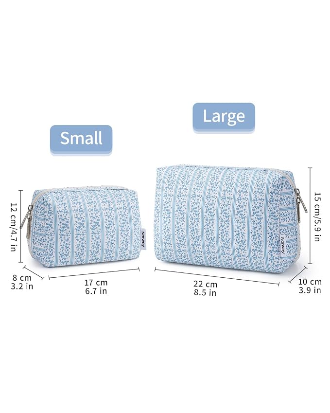 Narwey Small Cute Floral Makeup Bag for Purse Mini Cosmetic Bag Travel Makeup Pouch Zipper Pouch Cute Make up Bags with Compartments for Women Girls (Blue Flower Buds, Small)