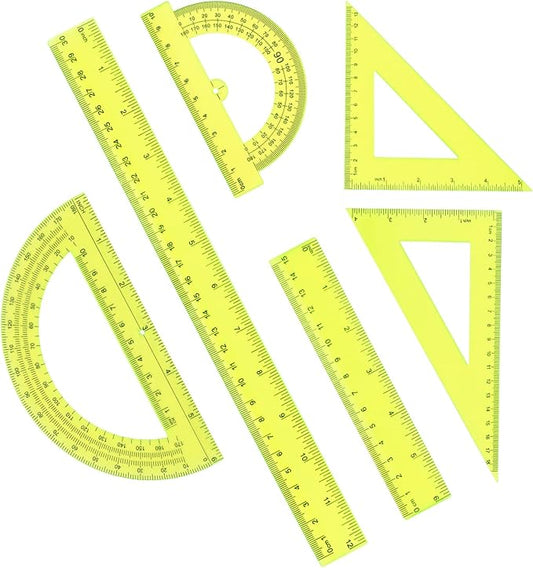 Plastic Clear Ruler Math Set, 6" | 12" Straight Ruler Protractor, 2 Protractors 180 Degree 2 Triangle Rulers 45 | 60 Degree 2 Straight Rulers Measuring Tool for School Office Home Supplie, Yellow