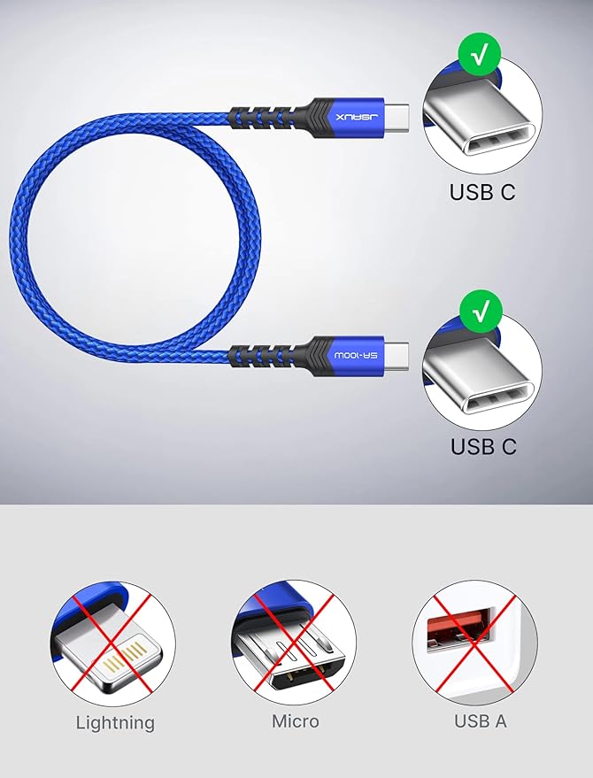 JSAUX 3-Pack USB C to USB C Cable 100W [6.6ft+6.6ft+6.6ft] Compatible with iPhone 17 Air 16 15 Pro Max Samsung Galaxy S25 S24 CarPlay iPad Pro, Type C to C Charger Cable Fast Charging - Blue