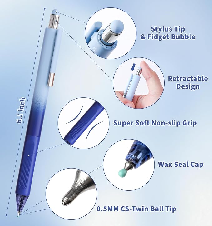 Gel Pens, 0.5mm Quick Dry Black Ink Pens Fine Point Smooth Writing Pens | 3-in-1 Stylus Retractable Gel Pen with Stylus tip, Cute Office School Supplies Gifts for Women Men (6 gel pens + 6 refills)