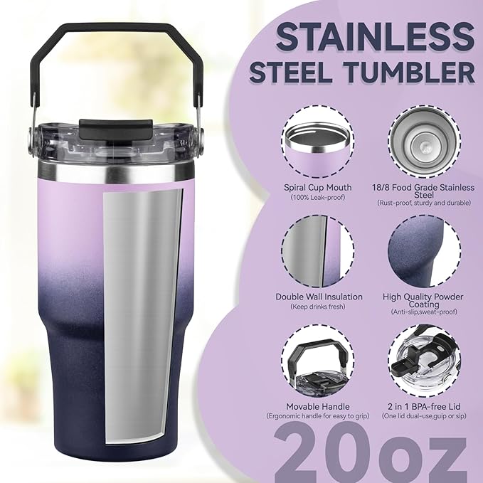 20oz Tumbler with Handle and Flip Straw Lid Double Wall Insulated Travel Coffee Mug Stainless Steel Vacuum Coffee Tumbler Cup for Hot and Cold Drinks Leak-proof&BPA-free（20oz,Light purple Navy blue）