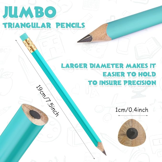 Fainne 48 Pcs Fat Pencils Jumbo Big Thick Large Pencils and 3 Pieces Sharpeners for Kids Beginners Preschoolers Kindergarten School Office Supplies(Turquoise Blue Series,Triangle)
