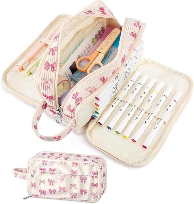 Cute Corduroy Pencil Case with Handle, Extra Large 4 Compartment Multiple Pockets Aesthetic Pencil Pouch Organizer for Teen Girls, School & College Supplies (Bow)
