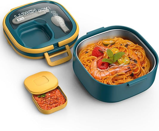 PEDECO Single-Layer Bento Lunch Box for Kids & Adults with Removable Stainless Steel Lunch Container,Dressing Container,BPA-Free,Dishwasher Safe - Includes Utensil(Blue,Non-Insulated)