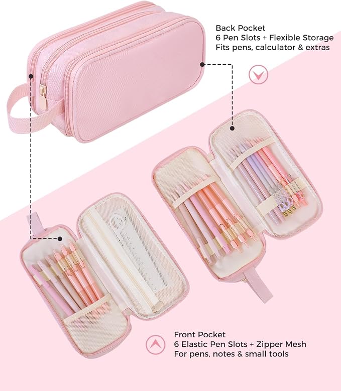 SKYDUE Large Capacity Pencil Case with Handle, 3 Compartment Canvas Pencil Pouch, Cute Soft Color Pencil Bag for Pens, Markers, Aesthetic Stationery and Organizer for Teen Girls Adult, Pink