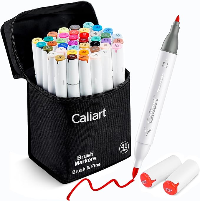 Caliart Alcohol Markers 41 Colors Brush & Fine Dual Tip Art Markers Set, Permanent Pens for Adults Artists Drawing, Coloring Books Anime Illustration, Highlighting Sketch Art Supplies with Carry Case