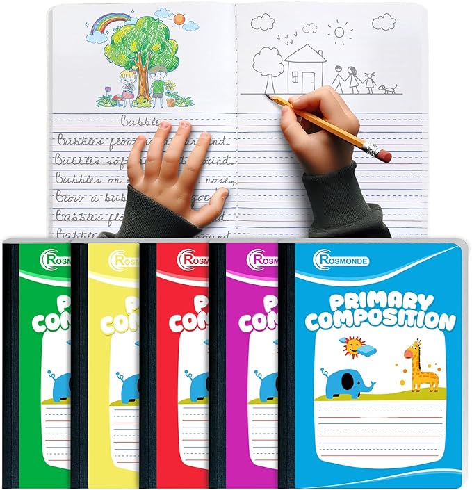 Rosmonde Composition Notebook 5 Pack, Grades K-2 Primary Ruled, 200 Pages (100 Sheets), Draw and Write Journal, 9-3/4" x 7-1/2", Primary Composition Notebooks, Hard Cover, Assorted Colors