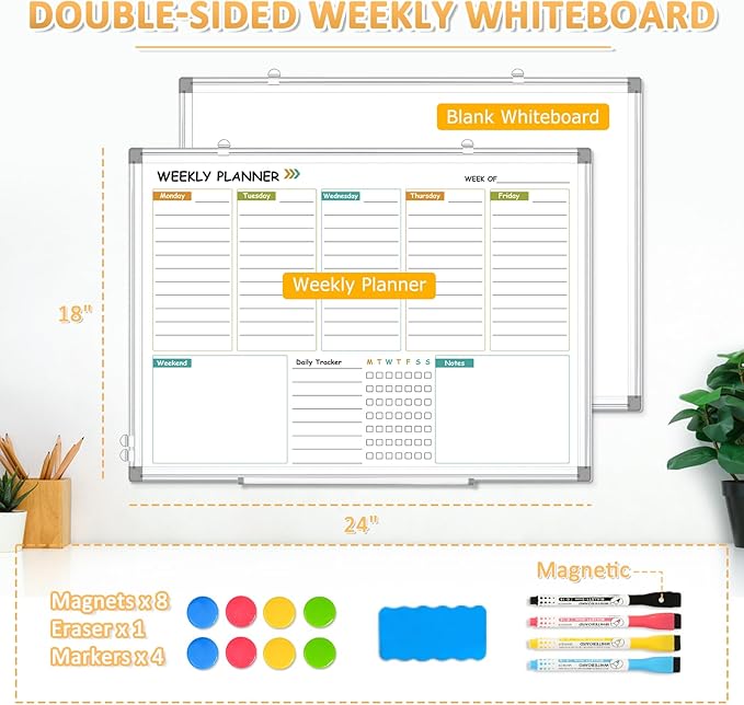 Weekly Calendar Dry Erase Whiteboard for Wall, 24"x18" Magnetic Weekly Planner White Board, Double Sided Hanging Daily Planning Board for Home, Office, School, Kitchen