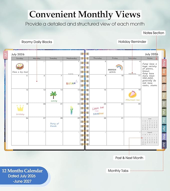 Academic Planner 2026-2027, Hardcover Leather Weekly and Monthly Calendar Planner from July 2026 - June 2027, A4 8.5" x 11" Daily Agenda with Tabs, College School Organizer for Student Teacher, Forest Under a Starry Sky