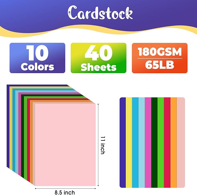 CreGear 40 Sheets Colored Cardstock Printer Paper 8.5 x 11, 10 Assorted Colors Card Stock, 180gsm/65lb Multicolor A4 Colorful Construction Paper for Crafting, Christmas DIY Card Making, Scrapbooking