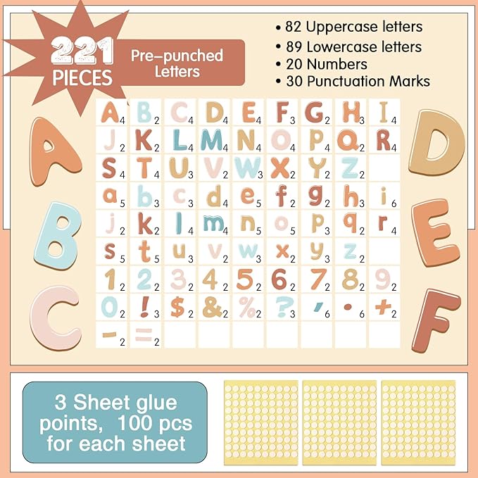 221 Pcs Boho Bulletin Board Letters, Round Alphabet Number Punctuation Symbol Combo Letter Cutouts, Retro Boho Classroom Decor for School Classroom Chalkboard Poster Bulletin Board Wall