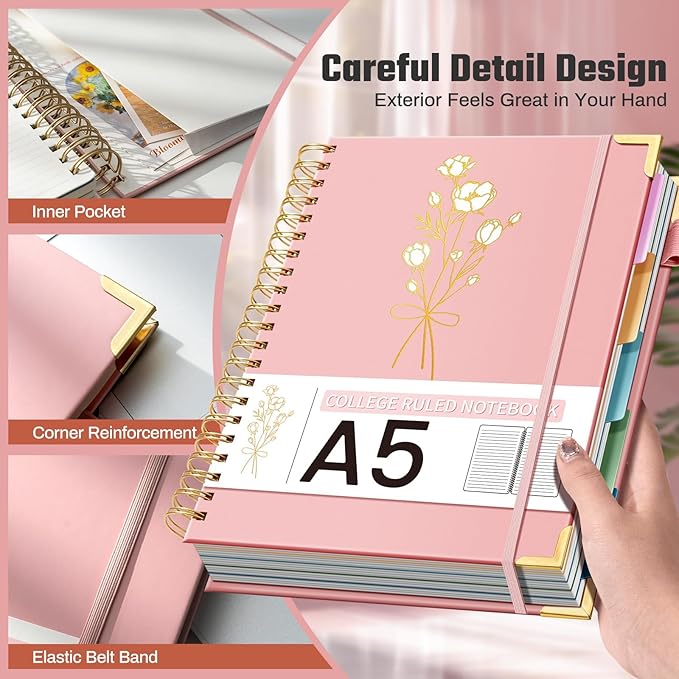 Hardcover Spiral Notebooks 6.1" X 8.4" Note Taking 5 Subject Notebook College Ruled with Dividers 240 Pages 100GSM Aesthetic Spiral Notebook for Work School Cute Journals for Women Writing, Pink