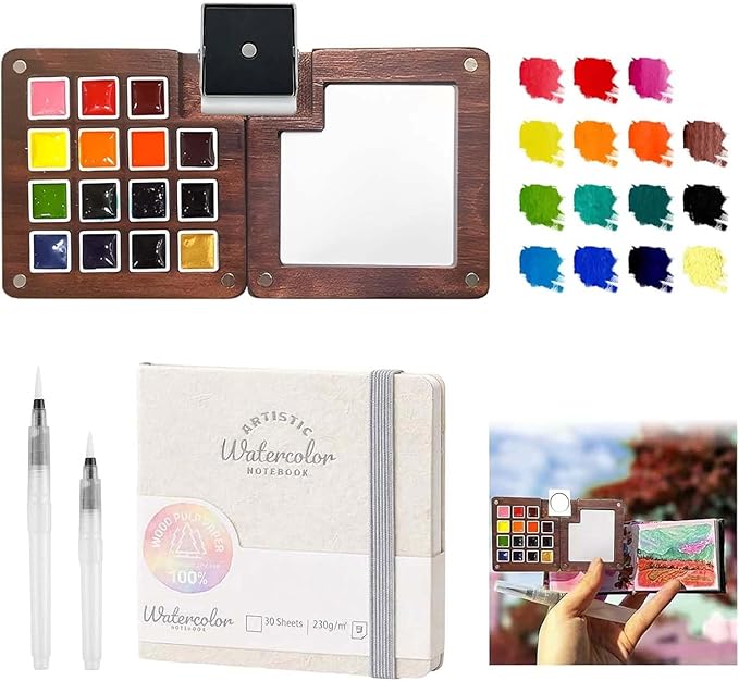 Mini Paint Palette Travel Kit - Mini Travel Watercolor Palette Set, Pocket Artist Water Color Travel Set with Colours, Binder Clips, Watercolor Pens, Wooden Paint Box for Painters Artists Students
