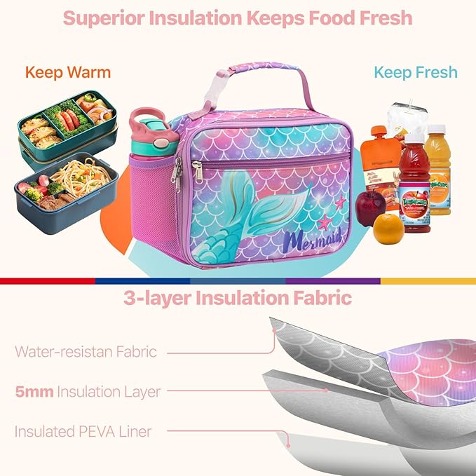 Bagseri Kids Lunch Bag Girls - Thermal Insulated Lunch Box Tote with Water Bottle Holder, Reusable Leak-Proof Kids Lunch Box for Daycare & School, Purple Mermaid Tail (Containers Not Included)