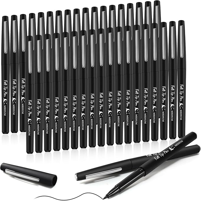 Fuyoooo 36 Pcs Black Felt Tip Pens Bulk, Quick Dry, 0.7 mm Medium Point
