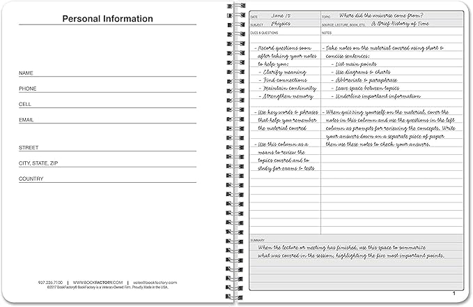 BookFactory Universal Note Taking System (Cornell Notes) / NoteTaking Notebook - 100 Pages, 8 1/2'' x 11'' - Wire-O (Made in USA)