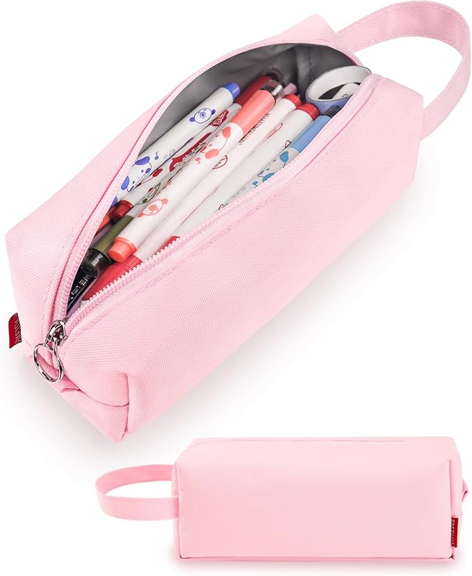 Fmeida Pencil Case Pouch - Water Resistant Pencil Pouch Portable Pencil Bag Simple Office Supplies Stationery Pouch with Handle - Light Pink