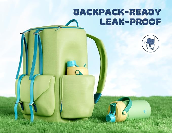 POWCAN 2 Pack 12 oz Kids Insulated Water Bottle for School: Leakproof, 2-in-1 Straw Spout Lid, BPA-Free, Keep Cold 24 Hrs, Stainless Steel Cup for Sports, Travel, Gift (Peachy Cream & Pine Sprout)