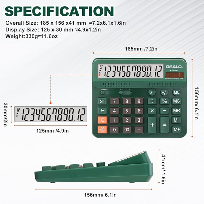 Pendancy Desk Calculator Large Display, 5in LCD 12-Digit, Large Button Calculators Desktop for Accounting, Battery Solar Powered, Rounding Mode & Decimal Places, for Office Business & Home(OS-6815)