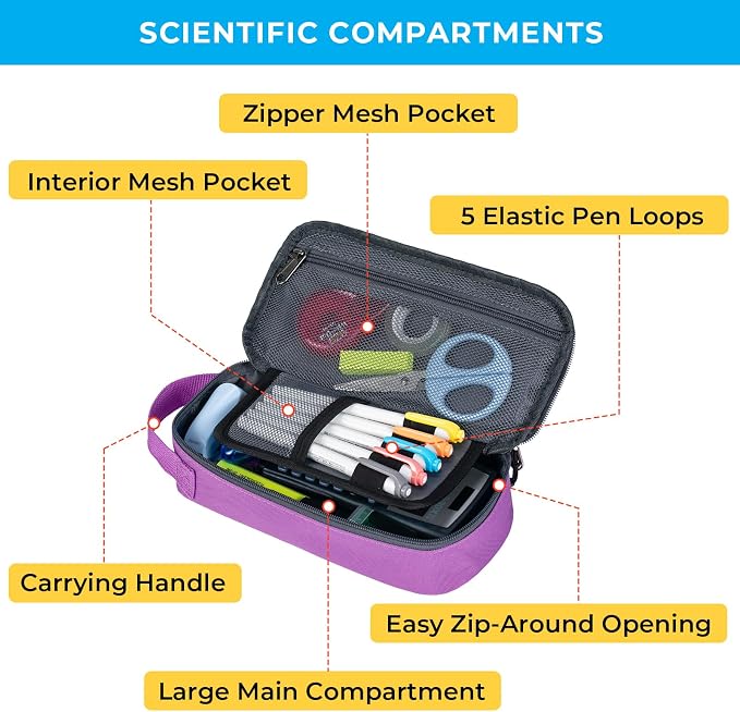 ECHSRT Large Capacity Pencil Case with Hidden Pocket, 1200D Oxford Fabric Zipper Pencil Pouch with Handle, Multi-Pocket Stationery Organizer for Office, College, Travel and Daily Carry, Purple