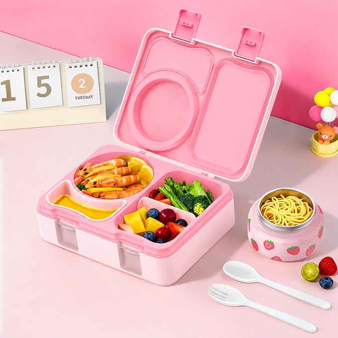 Kids Insulated Lunch Box with 8OZ Thermo Food Jar | Leakproof Bento Box with Ice Pack Sauce Cup Utensils Removable Tray & Dividers for School Daycare Travel, Strawberries