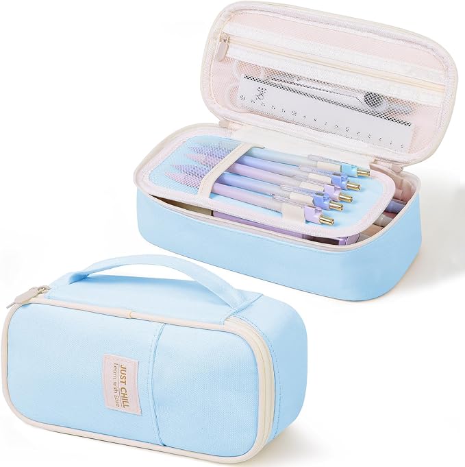 SKYDUE Blue Pencil Case for Girls & Boys – Large Capacity Zippered Pencil Pouch with Multi-Compartment, Aesthetic Pencil Bag for School & Office Supplies