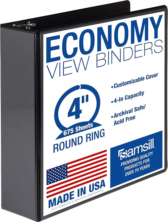 Samsill 4 Inch 3 Ring Binder, Economy Round Ring, Clear View Cover, 675 Sheet Capacity - for School, Home, Office - Charcoal Black