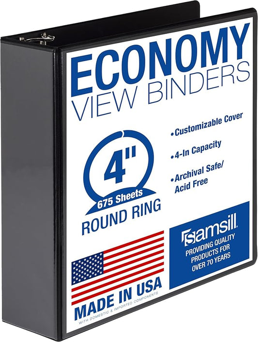 Samsill 4 Inch 3 Ring Binder, Economy Round Ring, Clear View Cover, 675 Sheet Capacity - for School, Home, Office - Charcoal Black