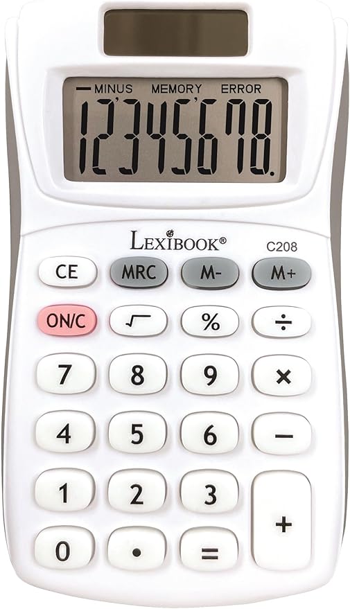 Lexibook - 8 Digit Pocket Calculator - Basic and Memory Function - Soft Silicone Keys for Office, School, Home - Solar & Batteries - White/Gray - C208