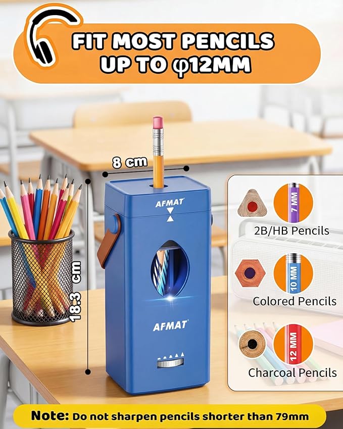 AFMAT Electric Pencil Sharpener, Fully Automatic Pencil Sharpener for 6-12mm No.2/Jumbo Pencils, Auto in & Out, 5 Sharpness Modes, Rechargeable Heavy Duty Sharpeners for Classroom/Home/Office PSC7