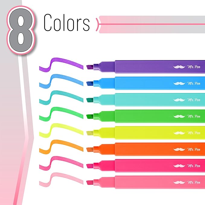 Mr. Pen- Aesthetic Highlighters No Bleed, 8 Pack, Vibrant Colors, Chisel Tip, Cute Highlighters Assorted Colors for Journaling, Highlighting, Underlining, Fast Dry, Back to School Supplies