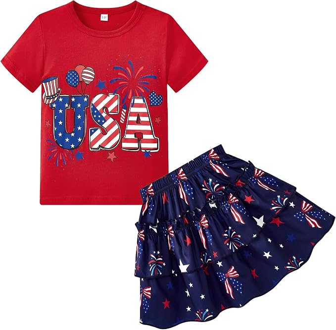 Little Girls Skirt Set - 2 Piece Short Sleeve Top Shirred Tiered Skirt Outfit Girls Spring Summer Clothes 3-8 Years