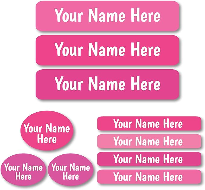 Lovable Labels Personalized Labels for Kids (85 Labels/Pack) - 3 Label Sizes Waterproof Dishwasher Safe Peel & Stick Labels for School Supplies Daycare Camp Clothing Bottles (Barbie Pink)