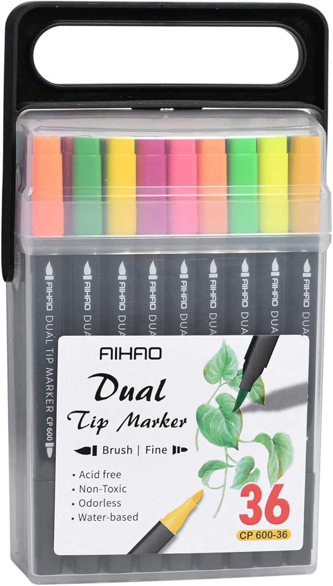 Markers for Kids,Dual Tip Markers Set, Brush & Fine Tips, 36 Pack, Super Washable Marker With Stand Portable Box, Coloring, Doodling, Sketching, Art Supplies for Drawing, Journaling